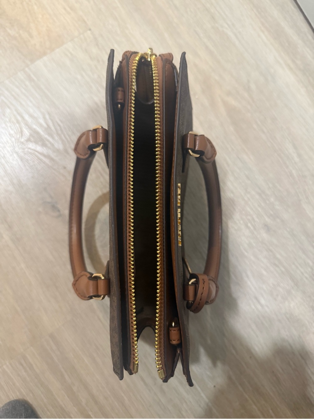 Michael Kors Brown and Tan Logo Satchel with Gold Hardware - Picture 4 of 7